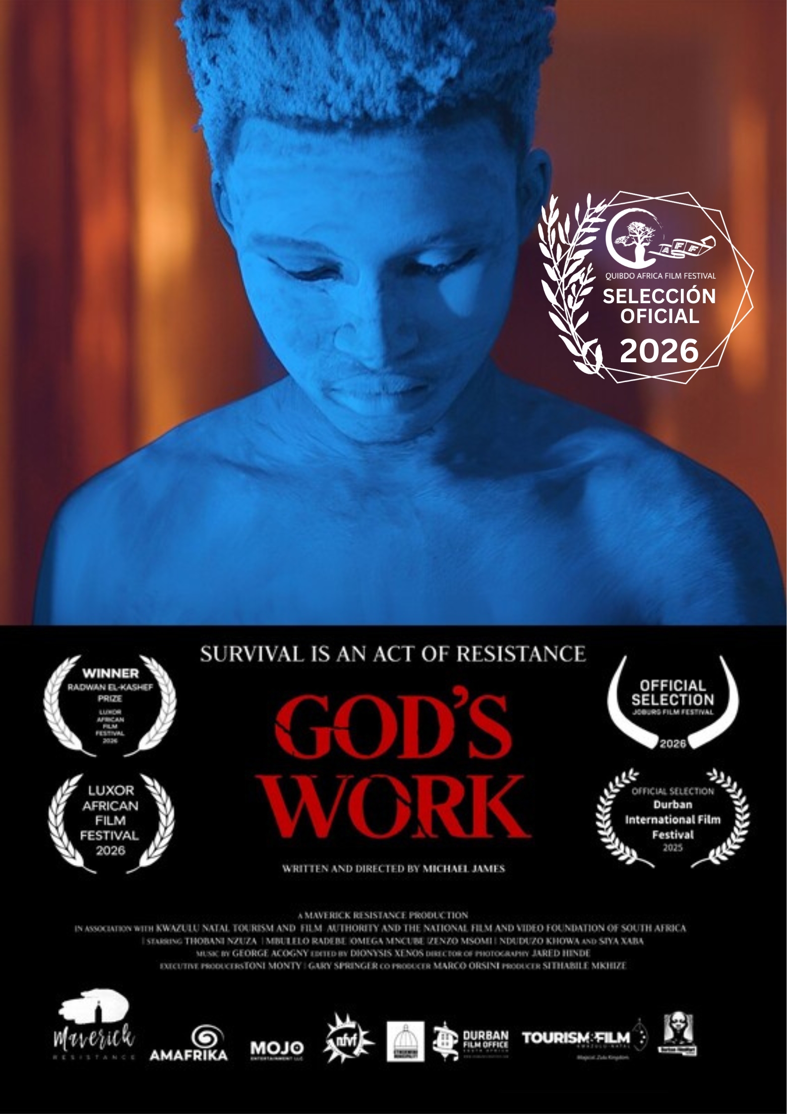 Cartel de la película “God’s Work”, con el retrato de una persona iluminada en azul y el lema “Survival is an Act of Resistance”; incluye el sello de Selección Oficial del Quibdo Africa Film Festival 2026.