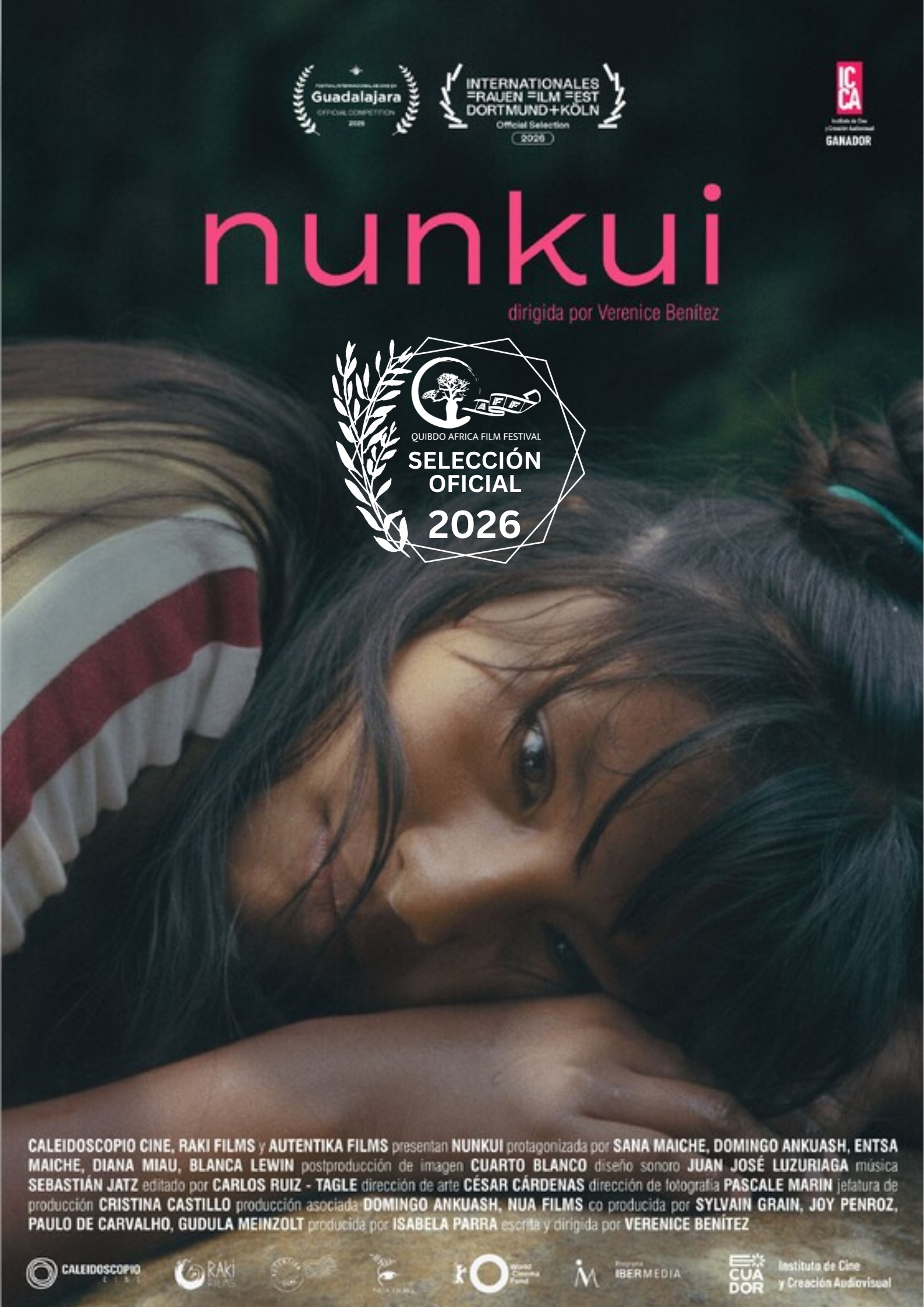 Cartel de la película “Nunkui”, dirigida por Verenice Benítez, con el retrato de una persona recostada; incluye el sello de Selección Oficial del Quibdo Africa Film Festival 2026.