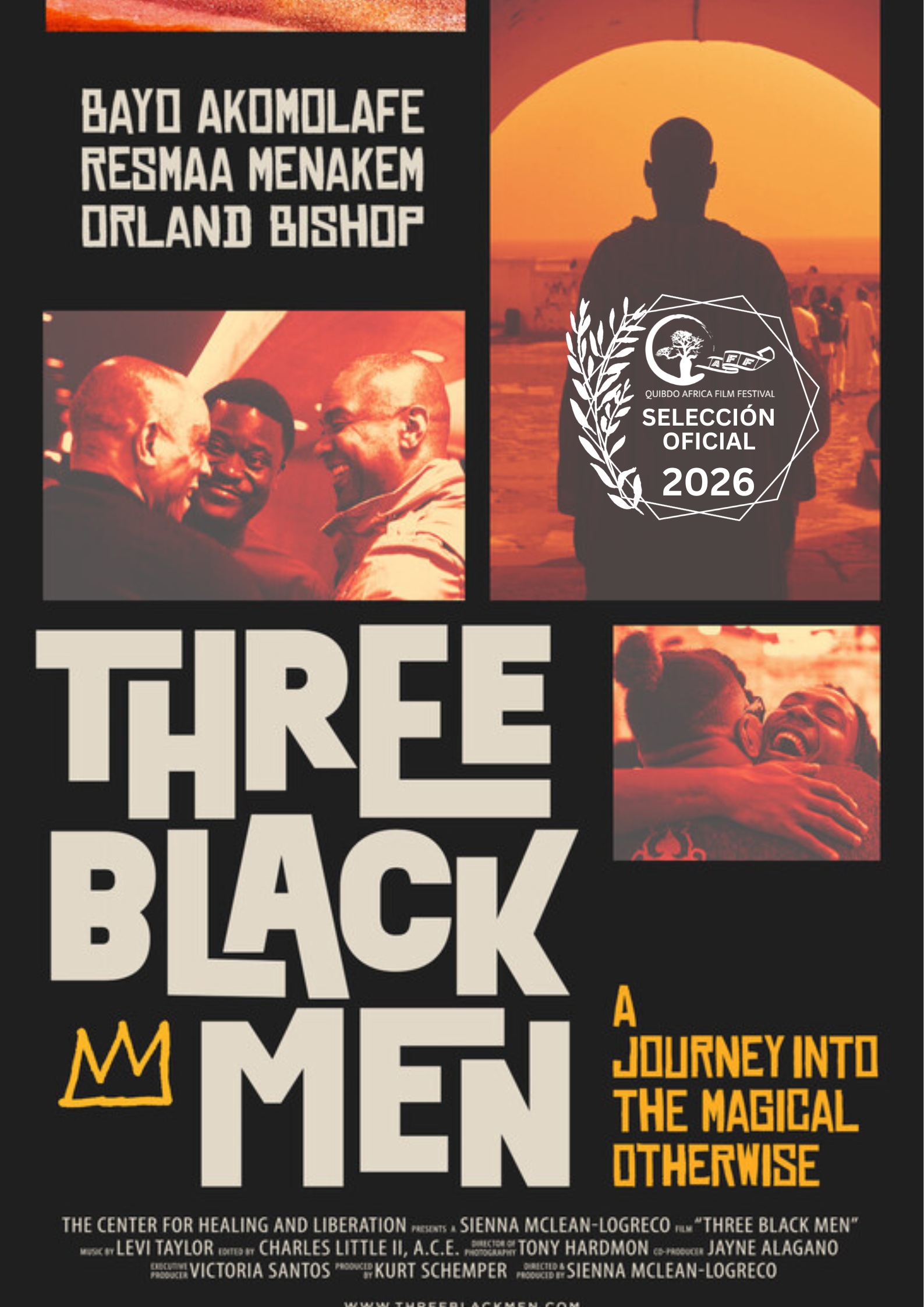 Cartel de la película “Three Black Men”, con fotografías de tres hombres y el texto “A Journey into the Magical Otherwise”; incluye la selección oficial del Quibdo Africa Film Festival 2026.