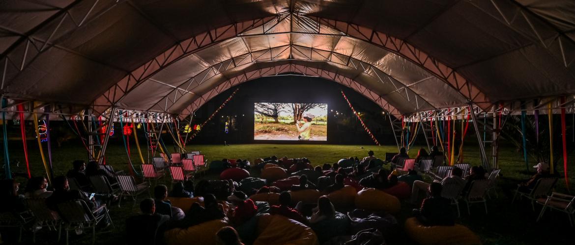 Personas en un parque viendo películas 