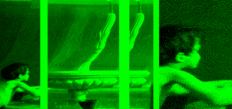 Figuras humanas en negro con fondo fluorescente 